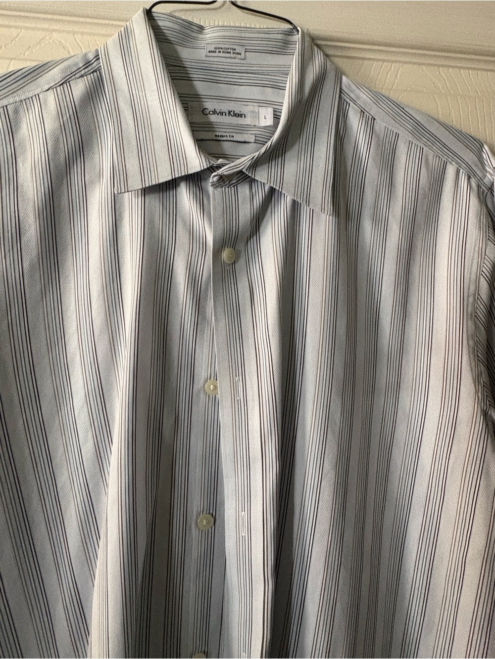 Calvin Klein Slim Fit Men's White Shirt with Blue and Black Stripes Large